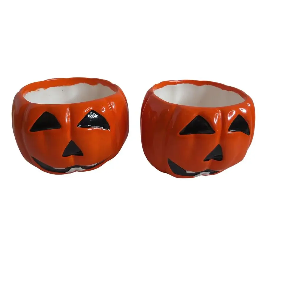 Vintage Pumpkin Halloween Ceramic Candy Trinket Bowl Set of 2